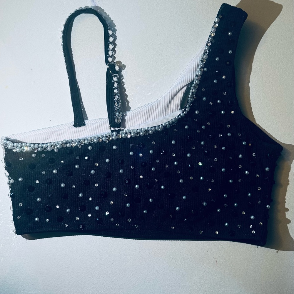 Pearl & Rhinestone One-Shoulder Black Crop Top - Picture 2 of 8